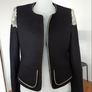 Chic Black Gold Wool Blazer Lace Epaulette S or XS